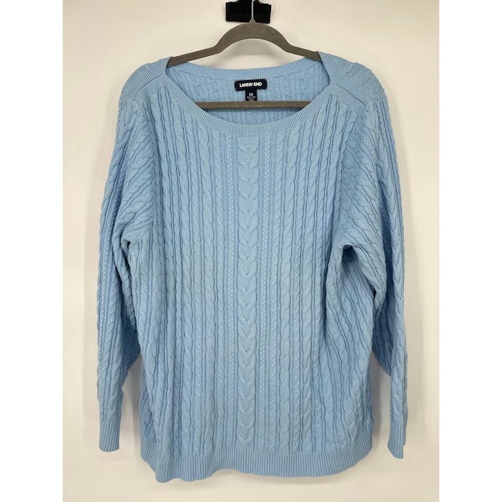 Lands End Drifter Sweater Size 2X 20-22 Blue Cable Knit Preppy Classic Fisherman